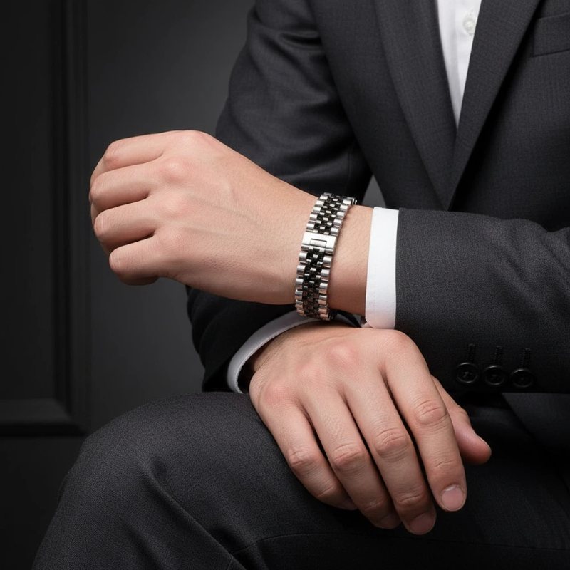 دستبند-استیل-رولکس-5-ردیفه-مشکی-نقره-ای