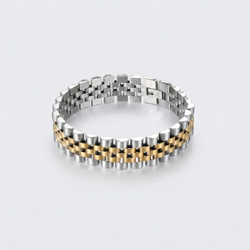 دستبند استیل رولکس 5 ردیفه طلایی نقره ای