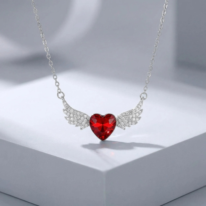 گردنبند استیل زنانه بال فرشته نگین قلب قرمز