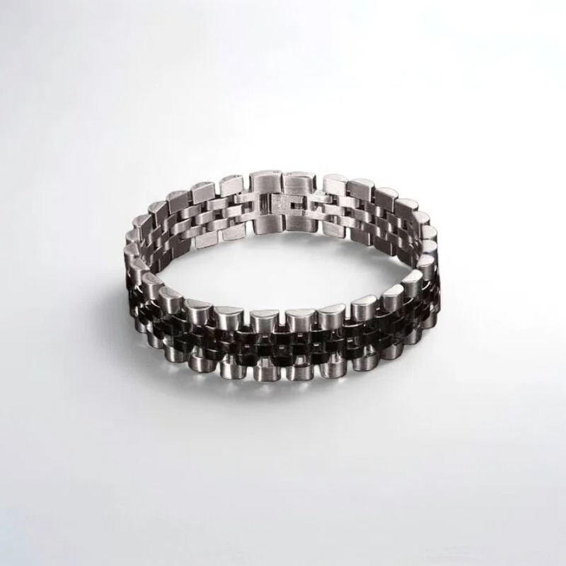 دستبند استیل رولکس 5 ردیفه مشکی نقره ای
